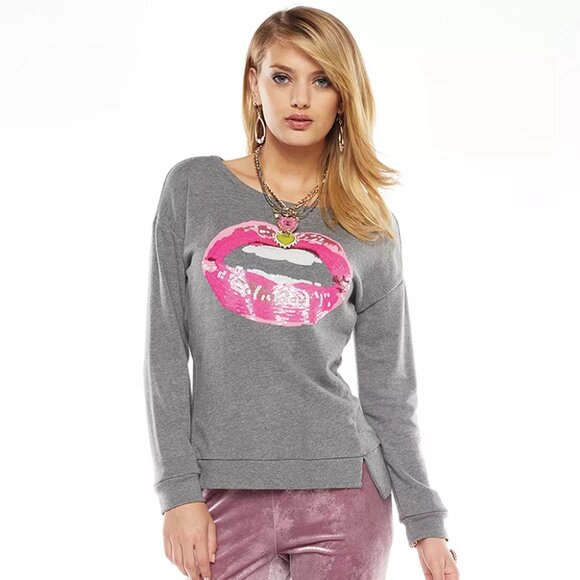 Juicy Couture Sweaters - Juicy Couture Bling Sequin Gray Sweatshirt with Pink Lip Design